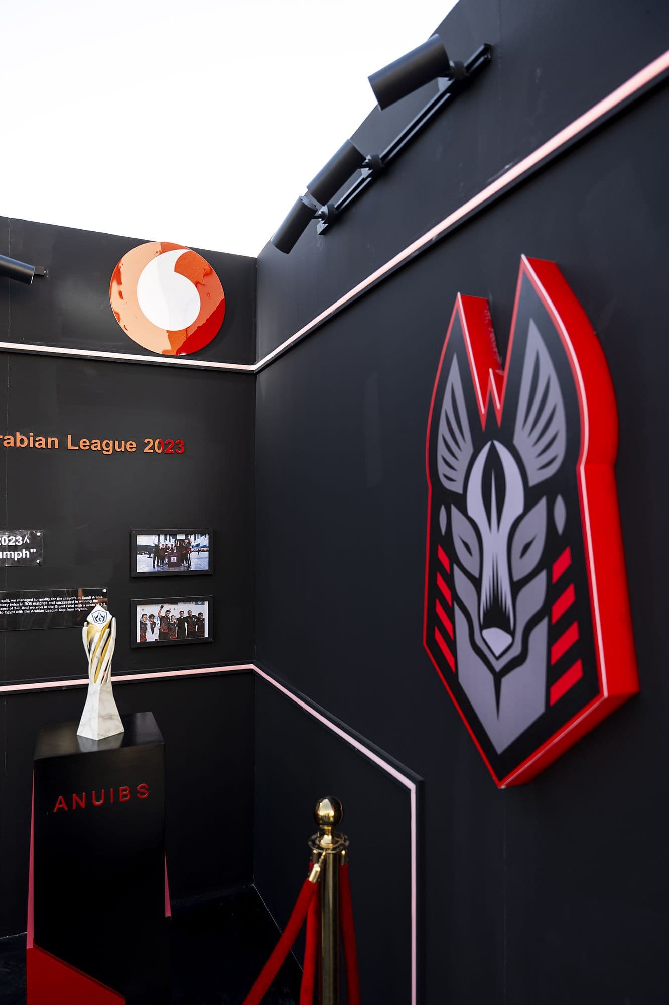 Corner of the room with the crest, Vodafone logo and trophy