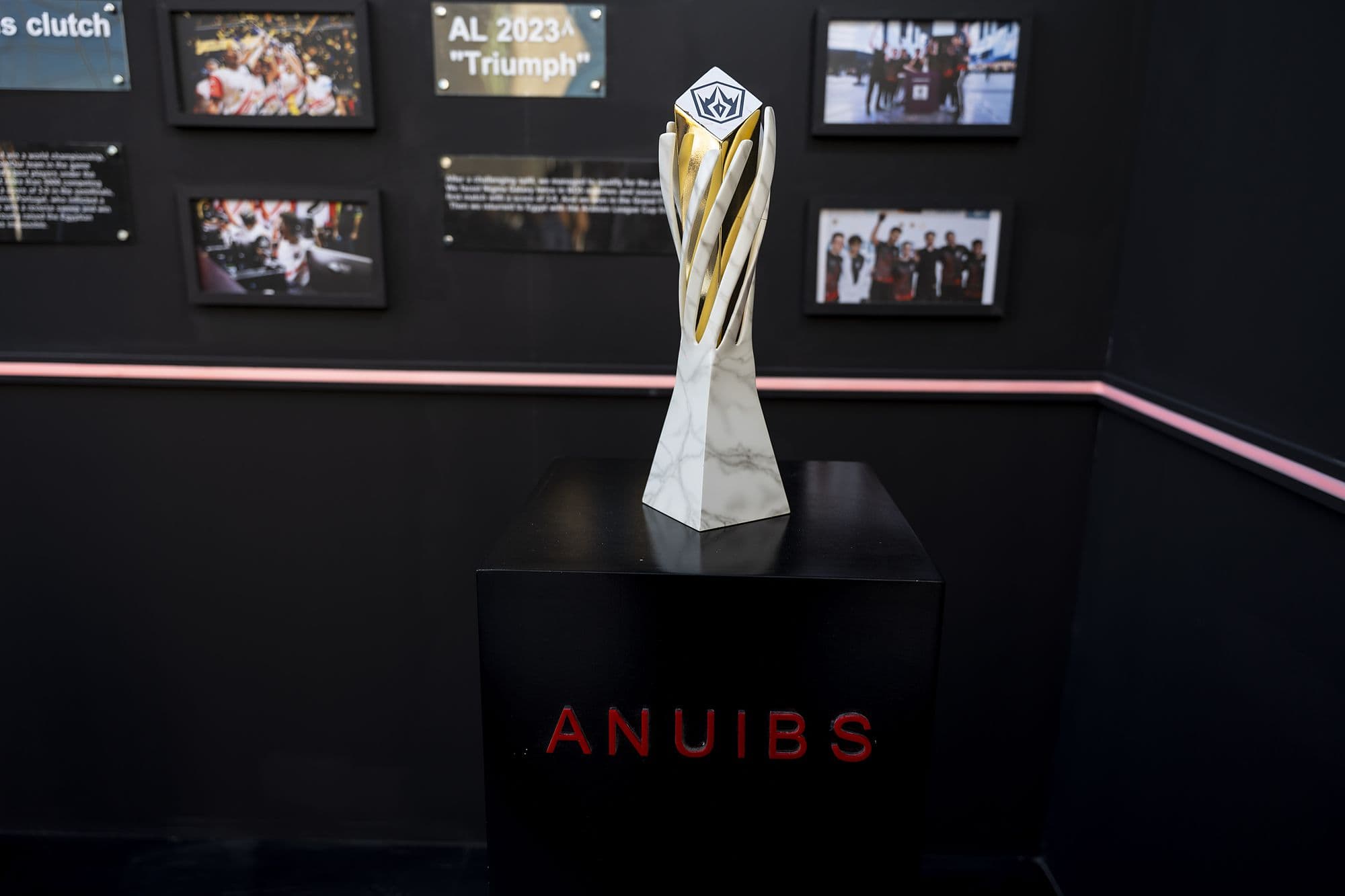 Marble-and-gold league trophy in front of the photo timeline